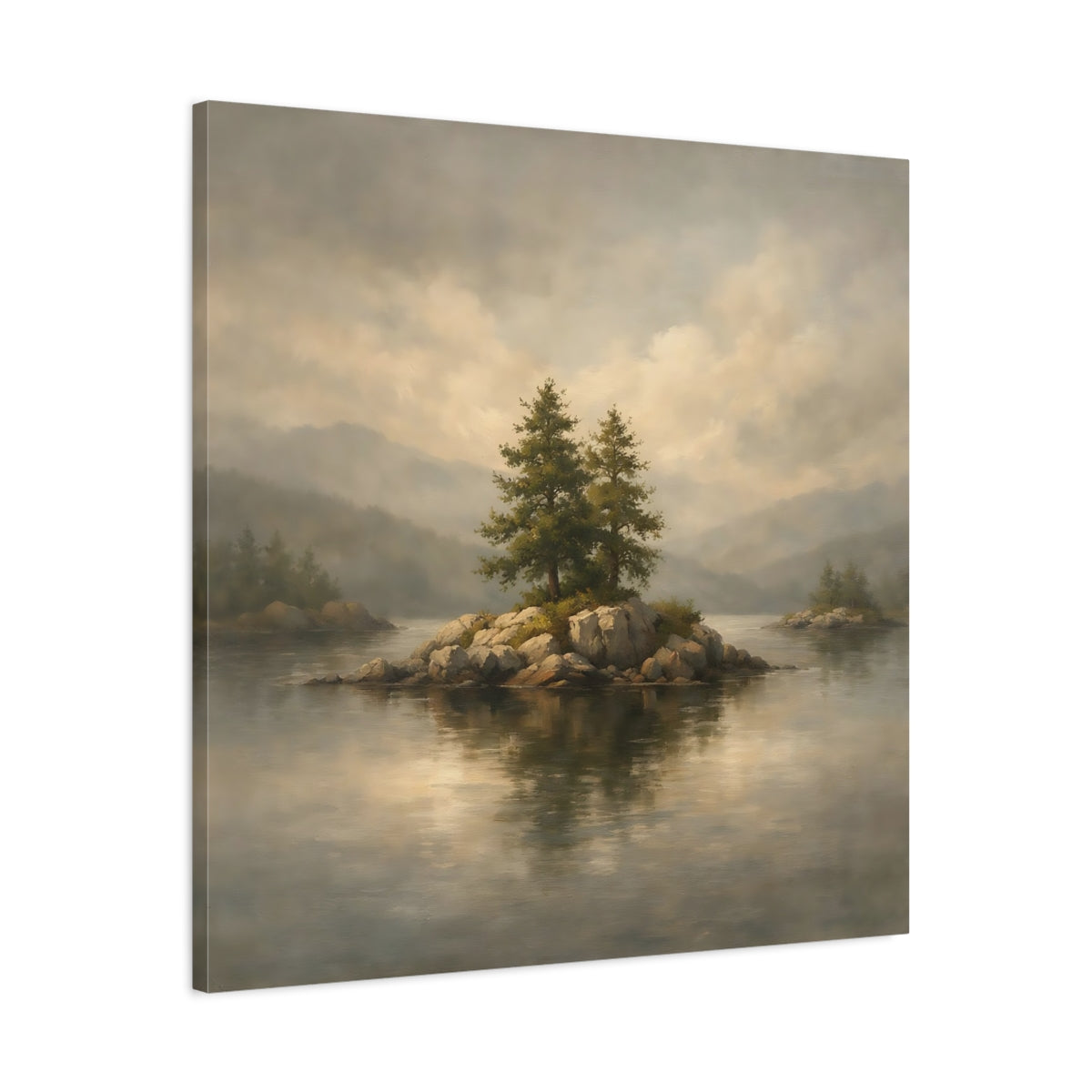 Side Mockup 3. Nature Pine Trees Lake Island Landscape shown as stretched canvas wall art