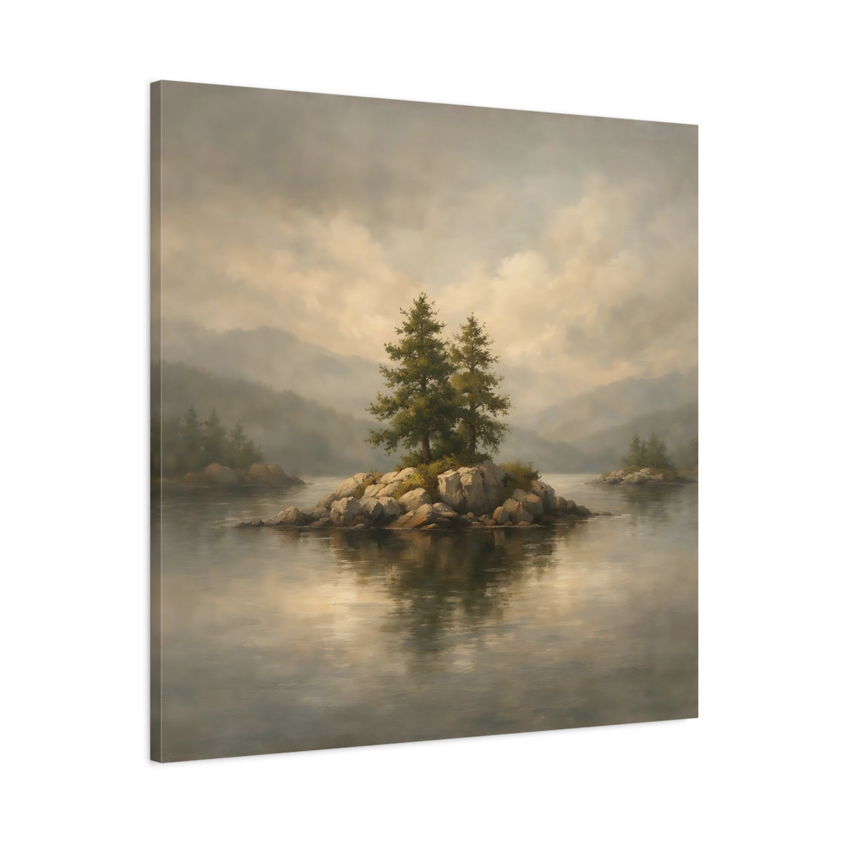 Side Mockup 2. Nature Pine Trees Lake Island Landscape shown as stretched canvas wall art