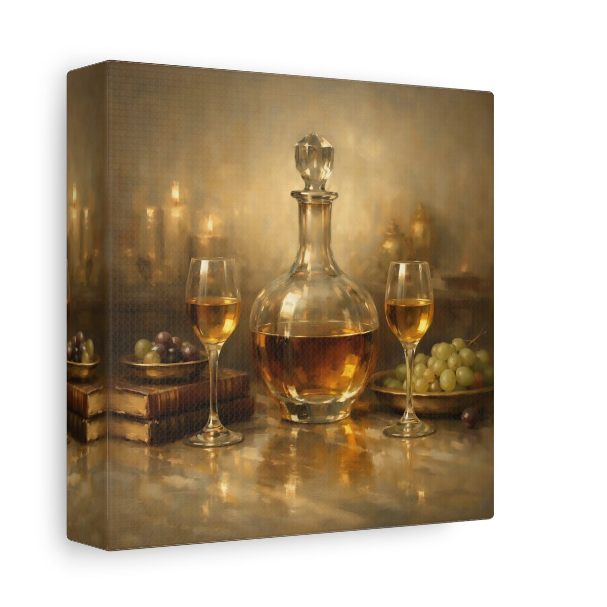 Side Mockup 1. Vintage Wine Decanter Gold Still Life shown as stretched canvas wall art