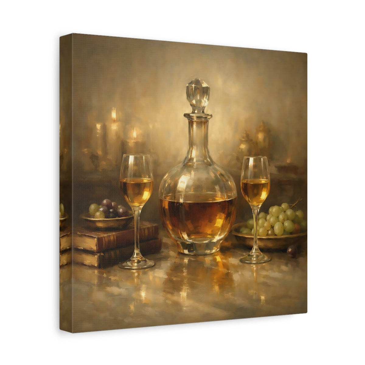Side Mockup 8. Vintage Wine Decanter Gold Still Life shown as stretched canvas wall art