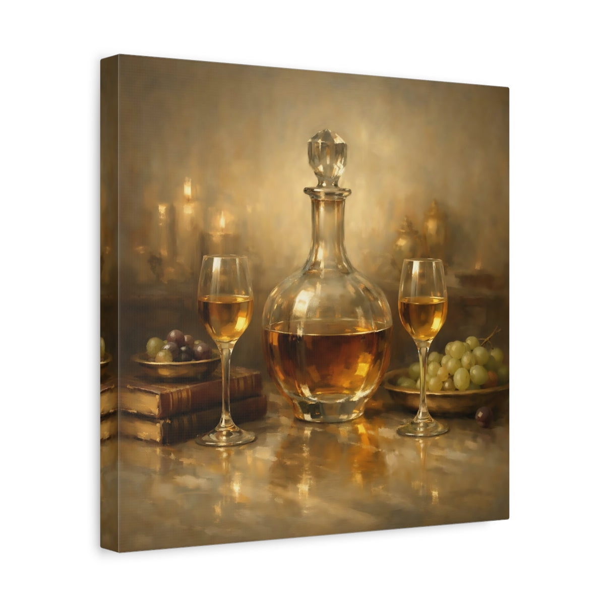 Side Mockup 7. Vintage Wine Decanter Gold Still Life shown as stretched canvas wall art