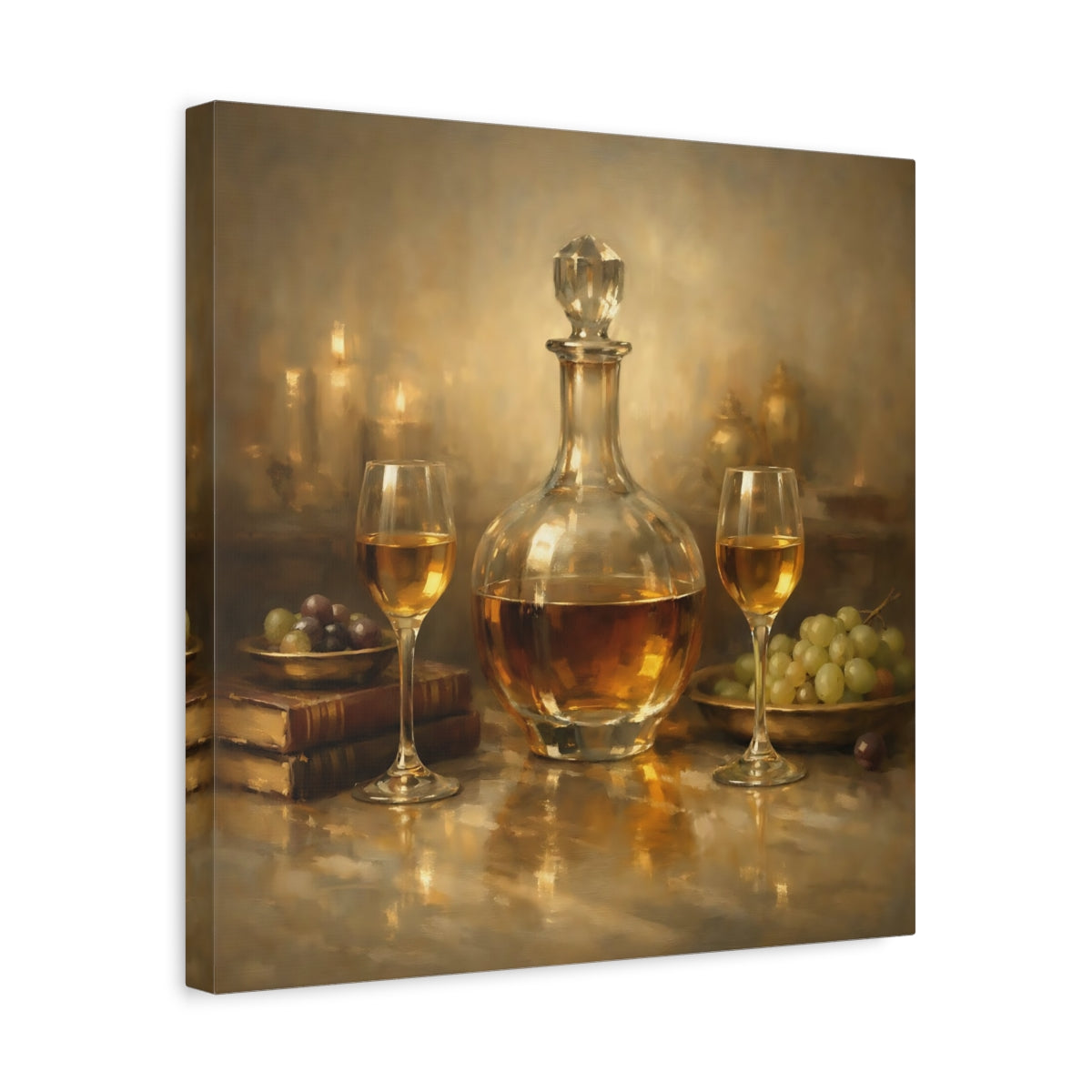 Side Mockup 6. Vintage Wine Decanter Gold Still Life shown as stretched canvas wall art