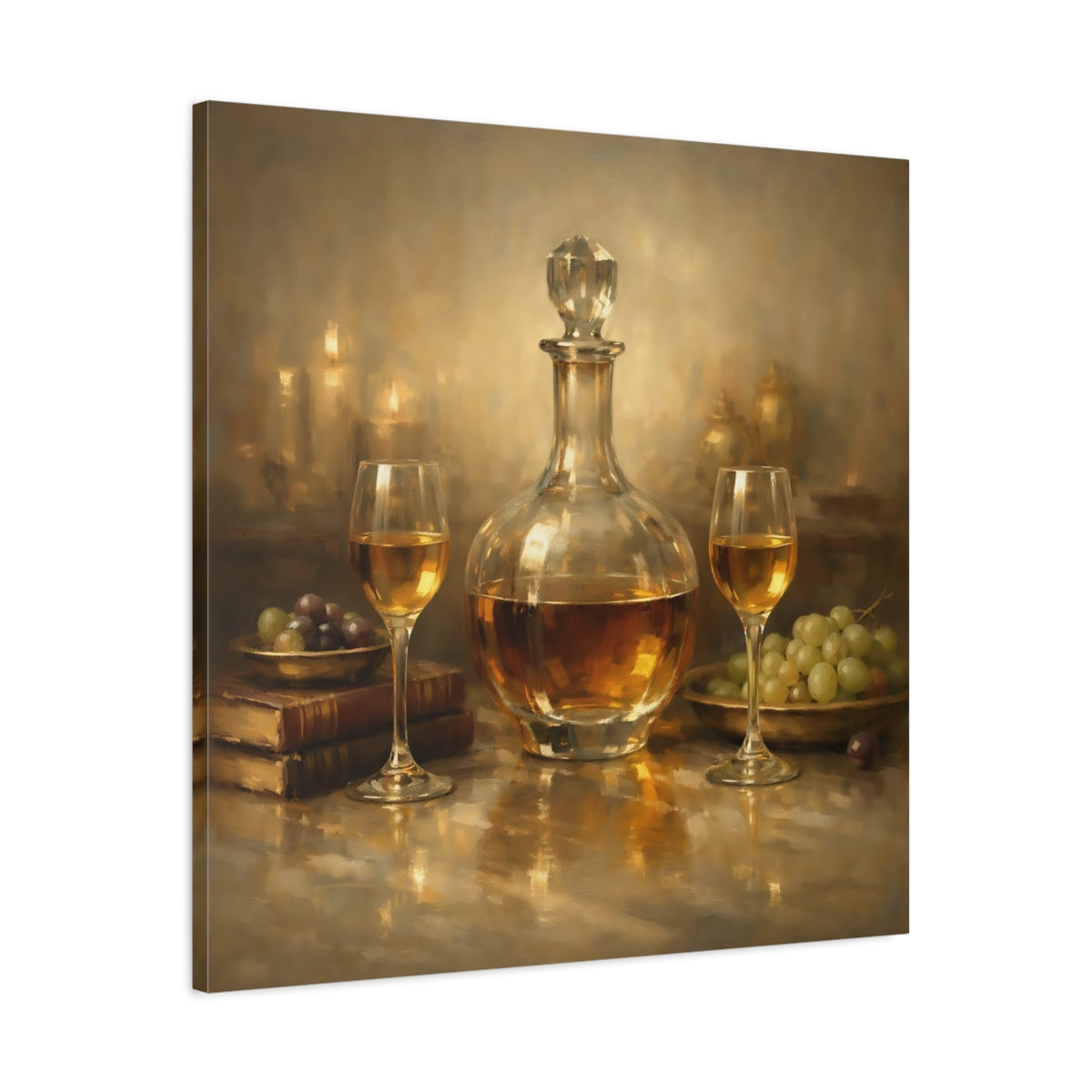 Side Mockup 3. Vintage Wine Decanter Gold Still Life shown as stretched canvas wall art
