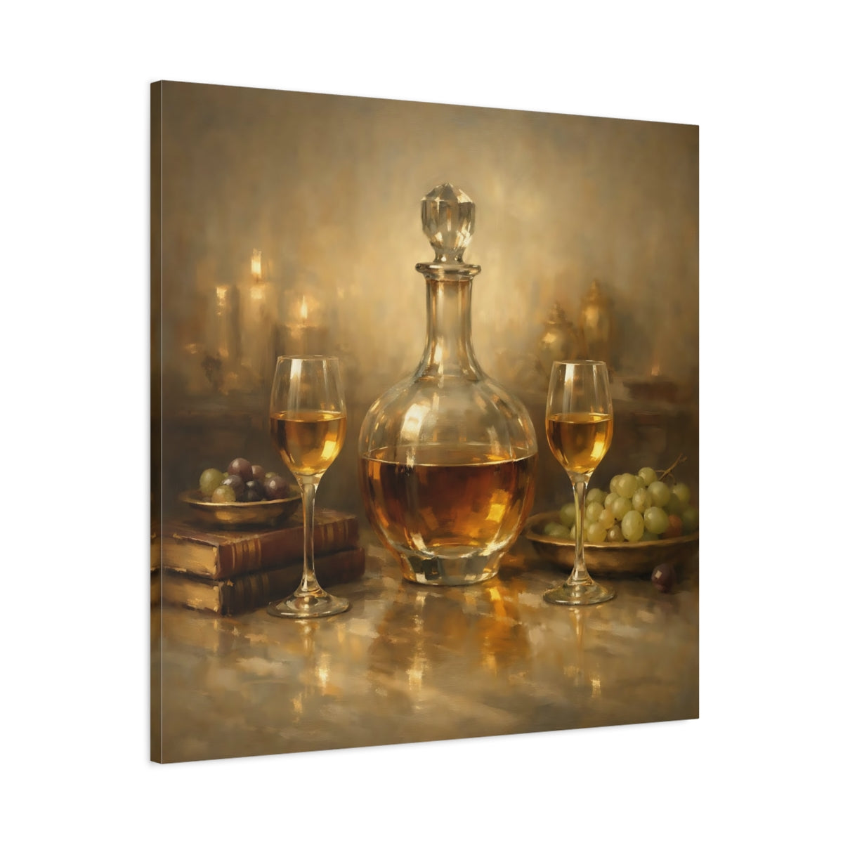 Side Mockup 2. Vintage Wine Decanter Gold Still Life shown as stretched canvas wall art