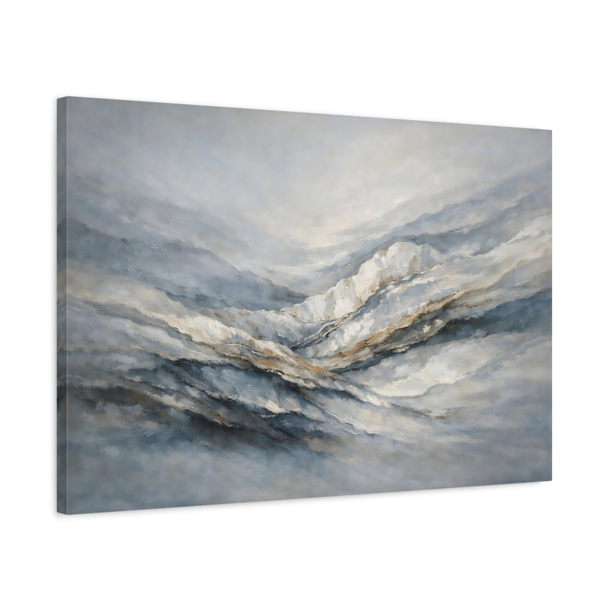 Side Mockup 2. Nature Abstract Mountains Blue Grey Brown shown as stretched canvas wall art