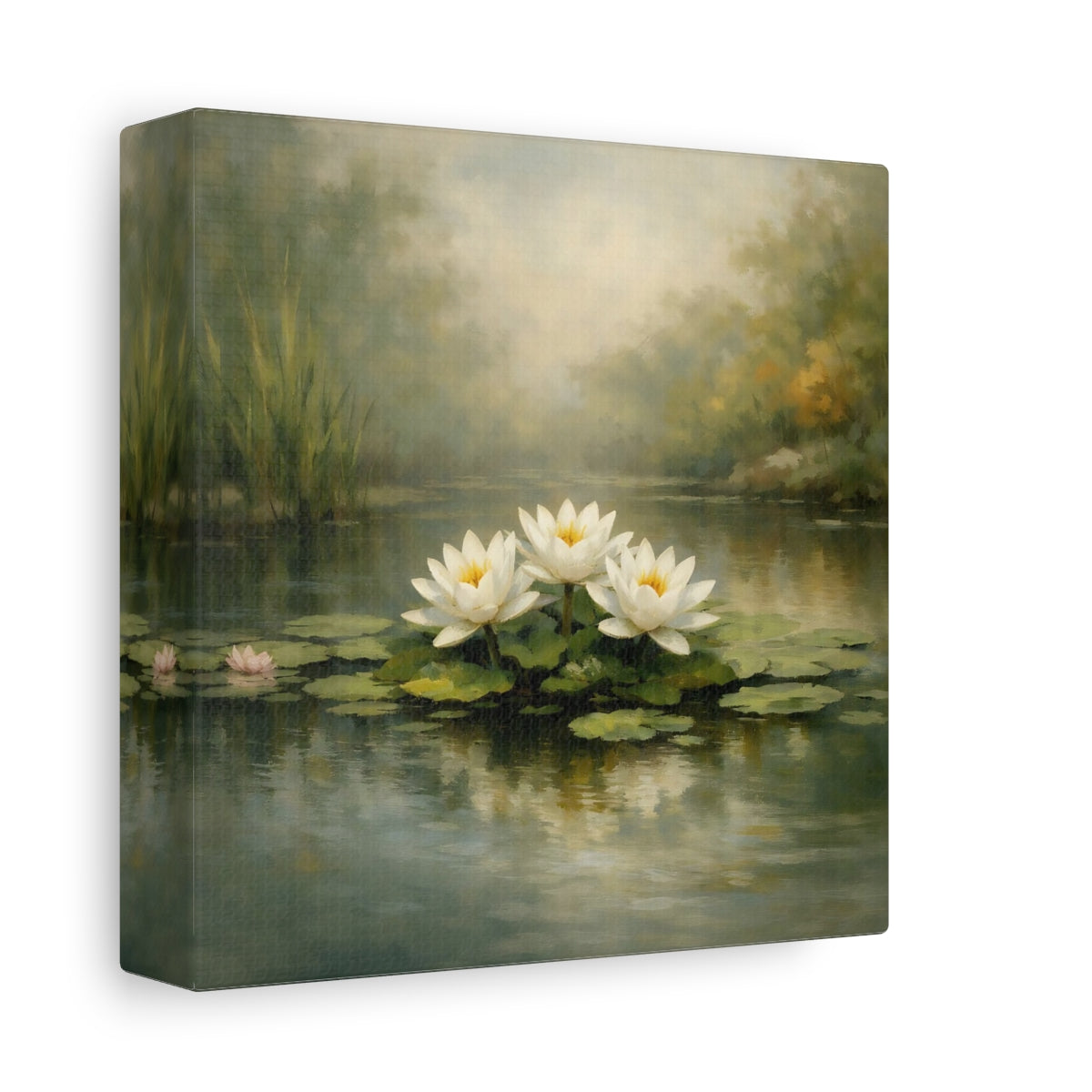 Side Mockup 1. Nature Water Lilies White Water Lilies shown as stretched canvas wall art