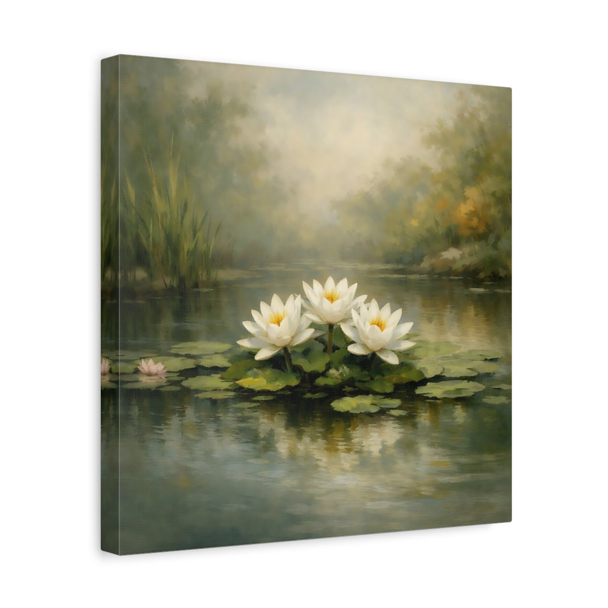 Side Mockup 7. Nature Water Lilies White Water Lilies shown as stretched canvas wall art