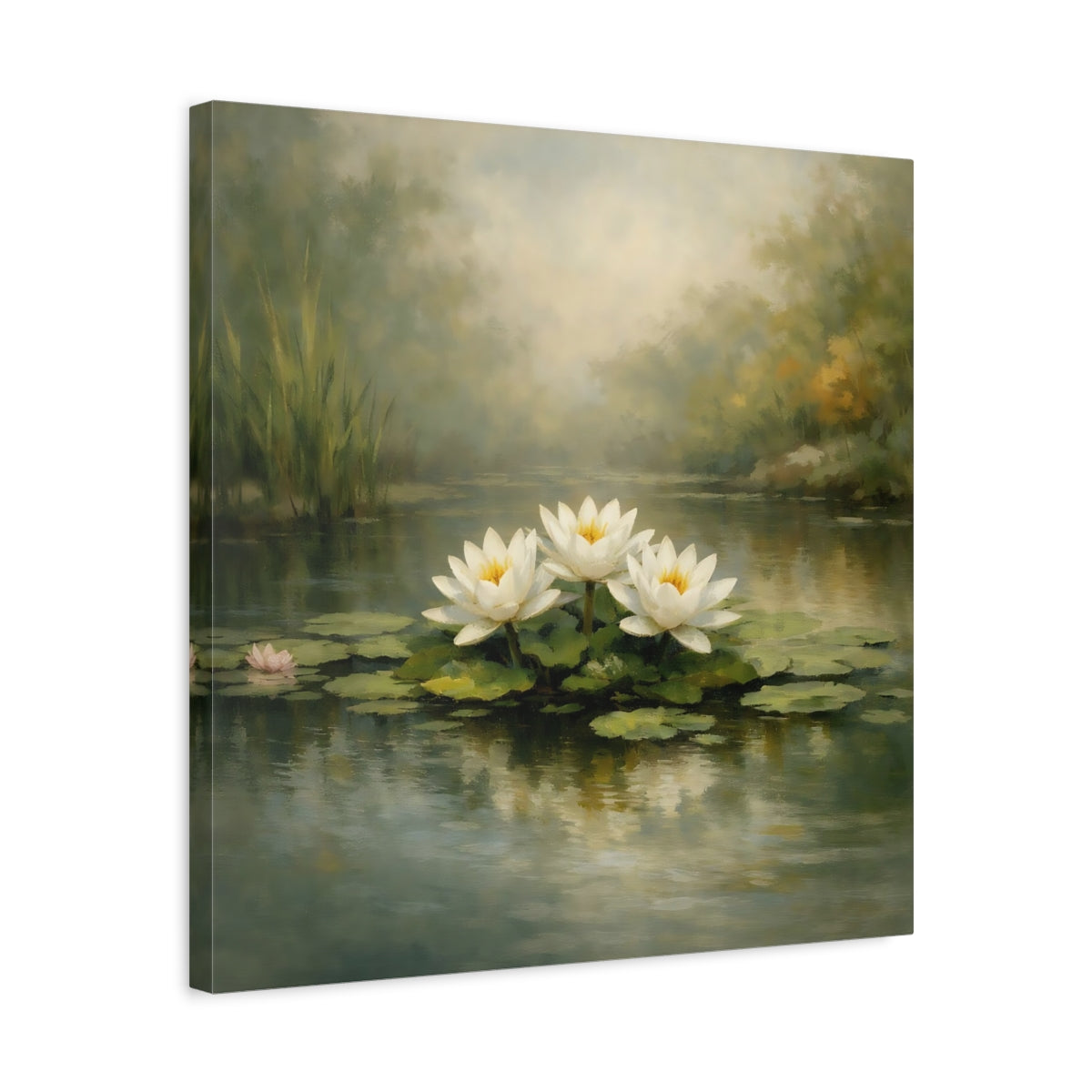 Side Mockup 5. Nature Water Lilies White Water Lilies shown as stretched canvas wall art