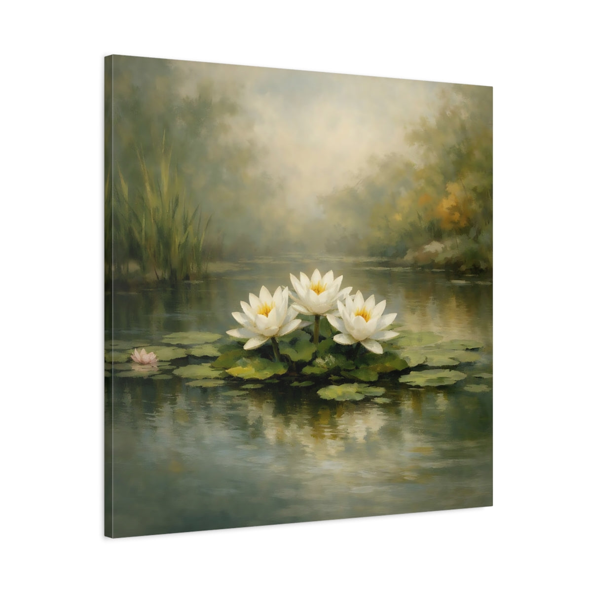 Side Mockup 3. Nature Water Lilies White Water Lilies shown as stretched canvas wall art