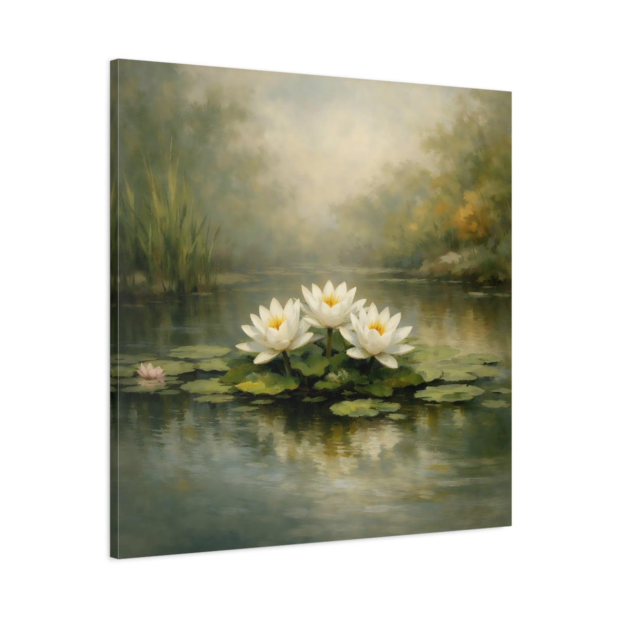Side Mockup 2. Nature Water Lilies White Water Lilies shown as stretched canvas wall art