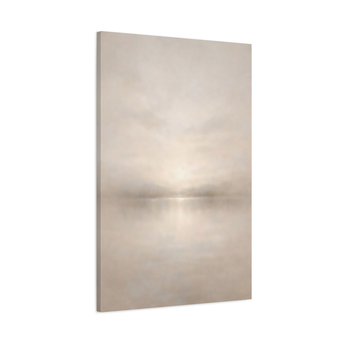 Side Mockup 1. Nature Misty Lake Soft Beige shown as stretched canvas wall art