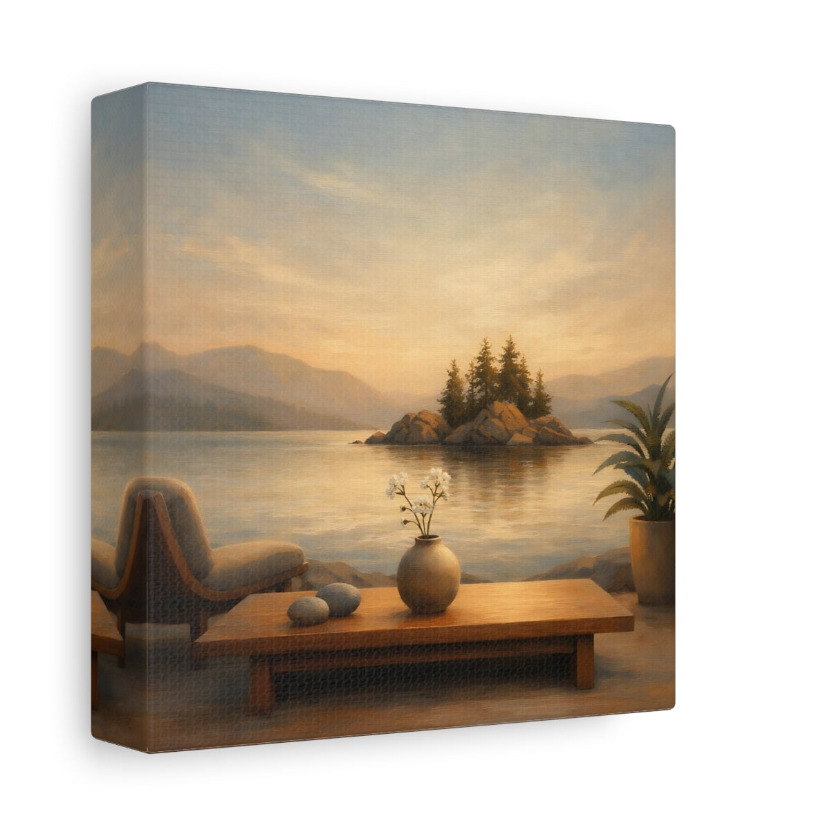 Side Mockup 1. Nature Lake Island Warm Lake Sunset shown as stretched canvas wall art