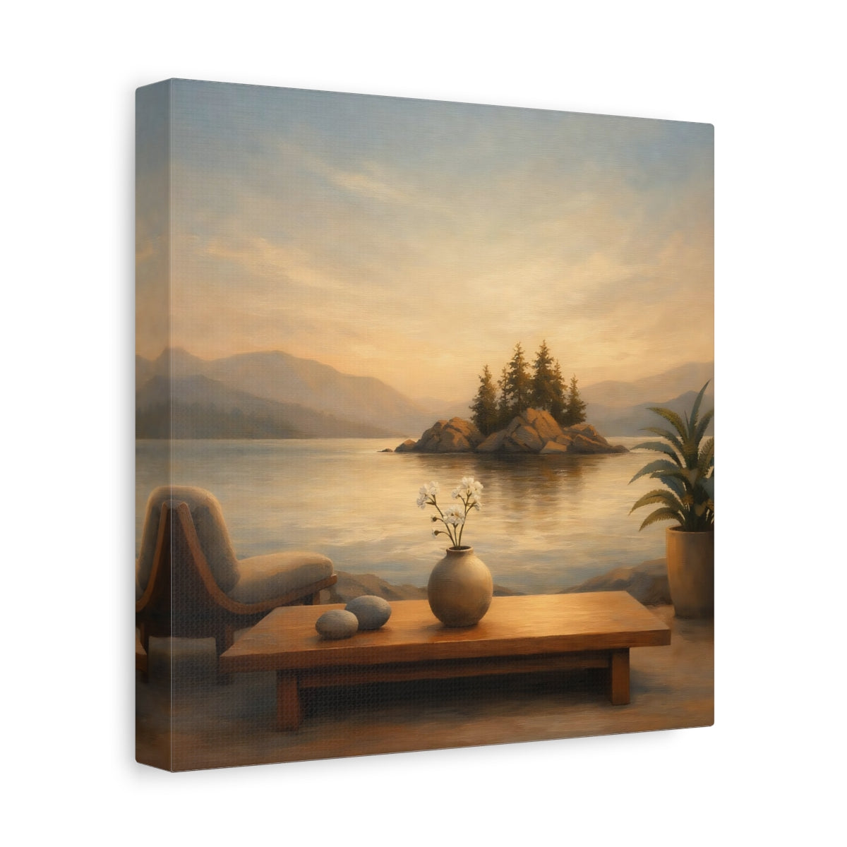Side Mockup 9. Nature Lake Island Warm Lake Sunset shown as stretched canvas wall art