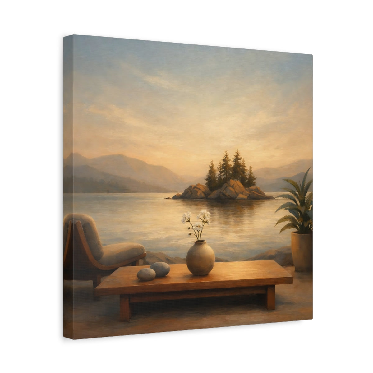 Side Mockup 6. Nature Lake Island Warm Lake Sunset shown as stretched canvas wall art