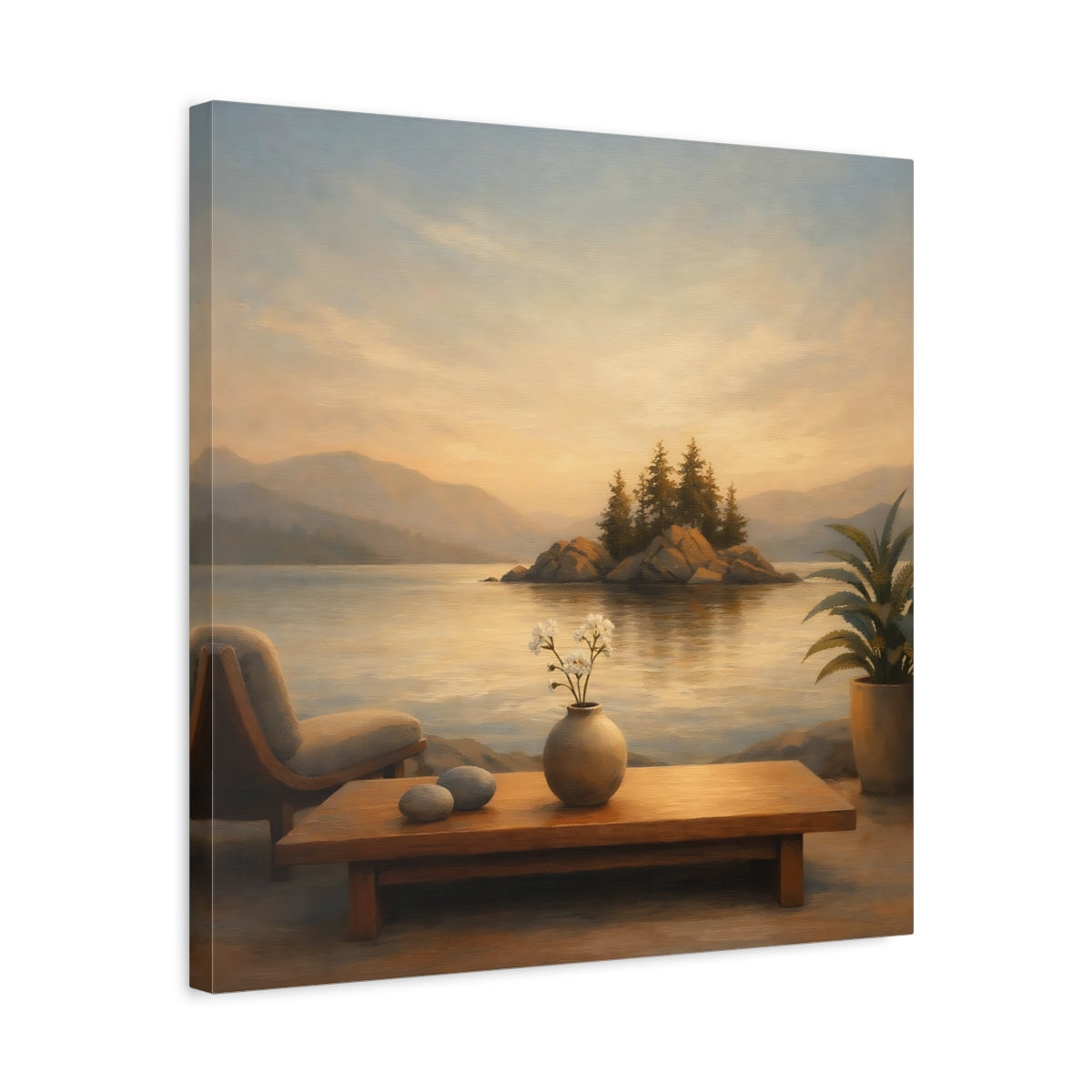 Side Mockup 5. Nature Lake Island Warm Lake Sunset shown as stretched canvas wall art