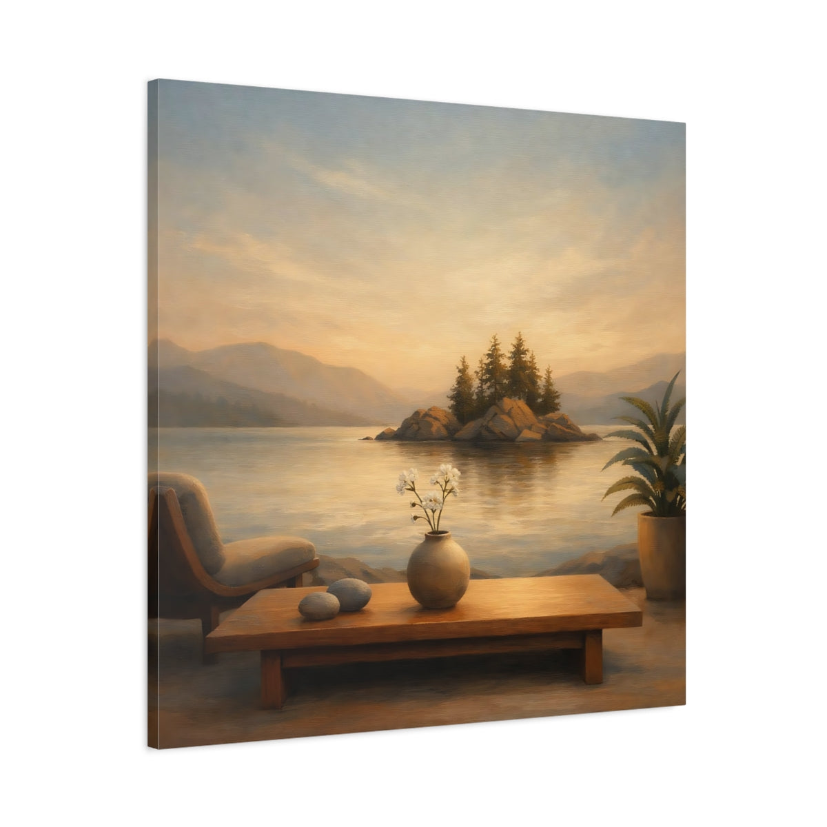 Side Mockup 2. Nature Lake Island Warm Lake Sunset shown as stretched canvas wall art