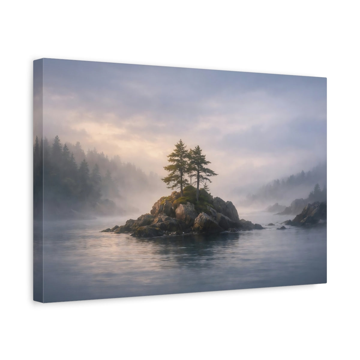 Seascape Foggy Forest Rocky Islet Nature - Canvas Wall Art Print