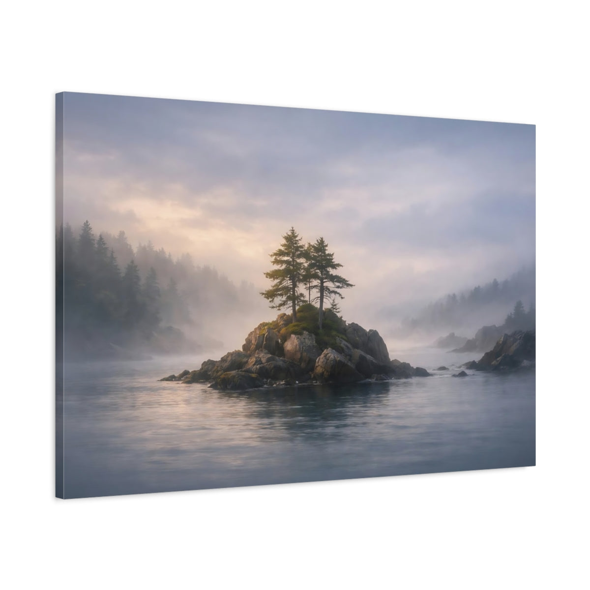 Seascape Foggy Forest Rocky Islet Nature - Canvas Wall Art Print