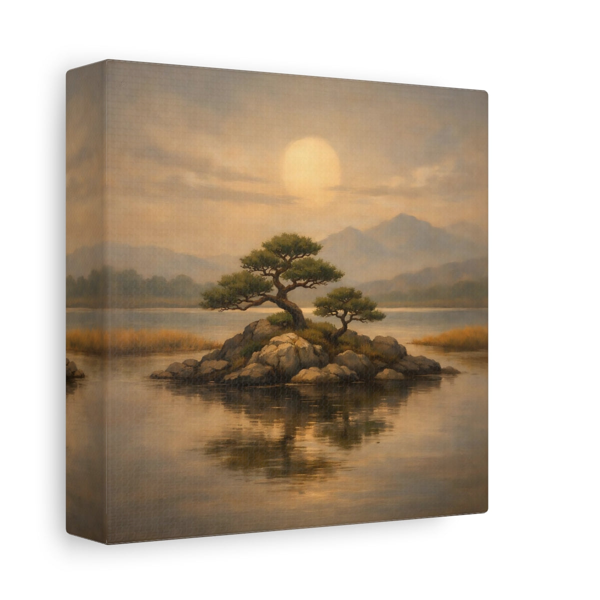 Side Mockup 1. Nature Island Trees Golden Landscape shown as stretched canvas wall art