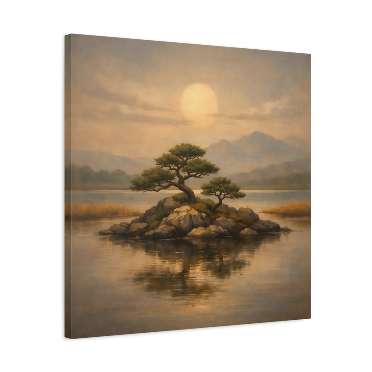 Side Mockup 4. Nature Island Trees Golden Landscape shown as stretched canvas wall art