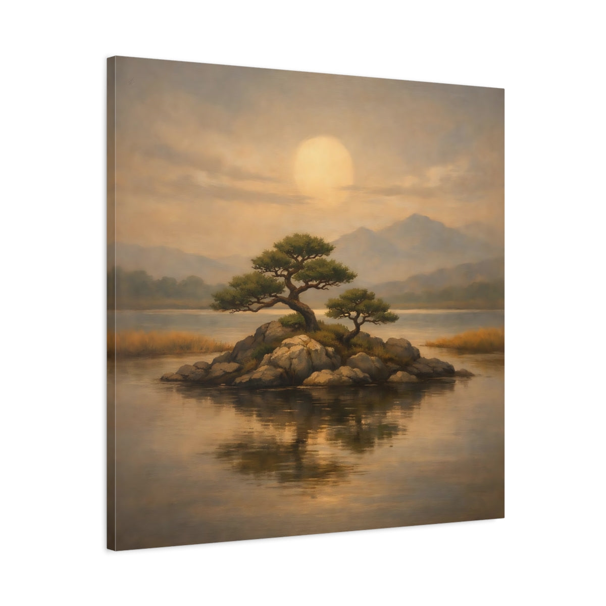 Side Mockup 3. Nature Island Trees Golden Landscape shown as stretched canvas wall art