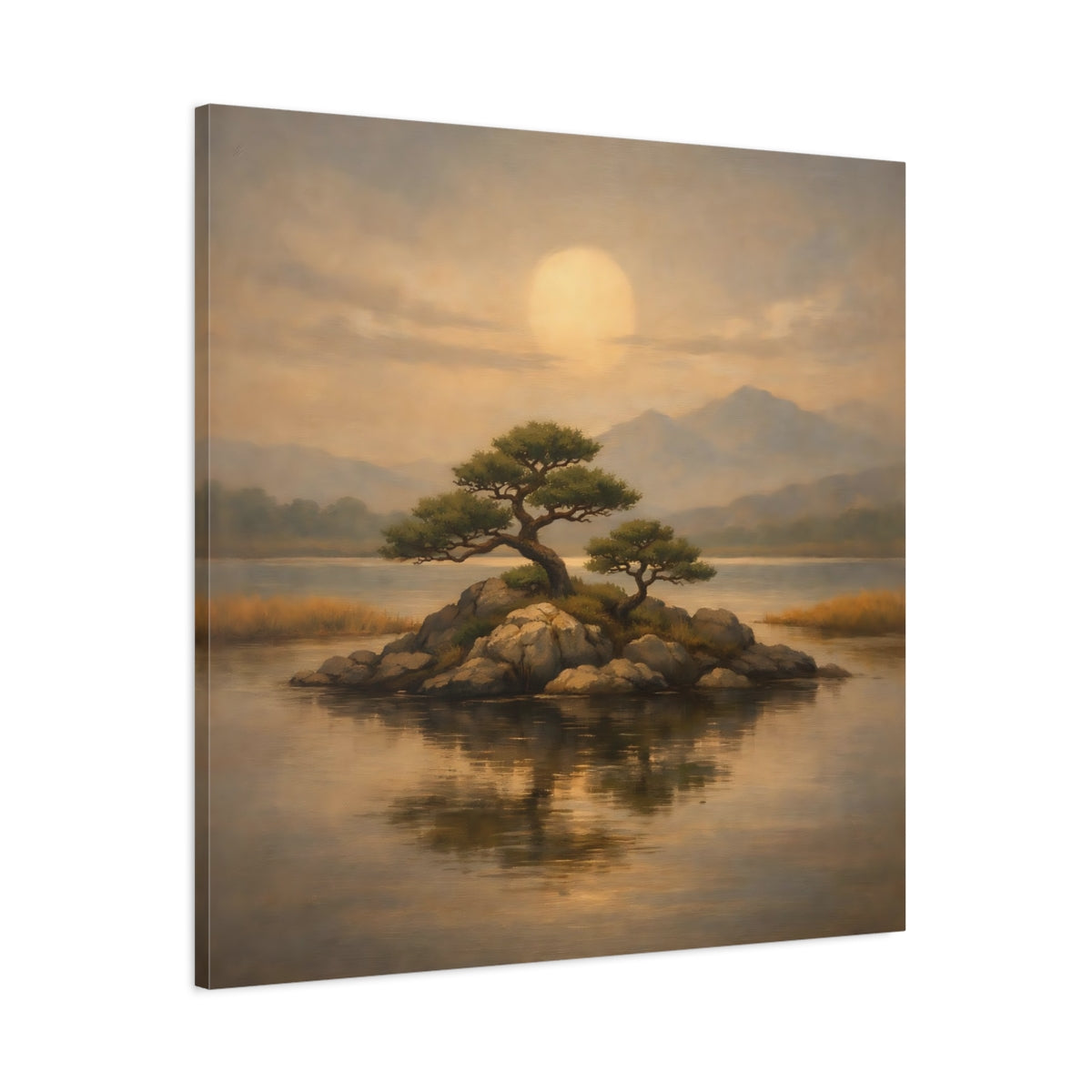Side Mockup 2. Nature Island Trees Golden Landscape shown as stretched canvas wall art