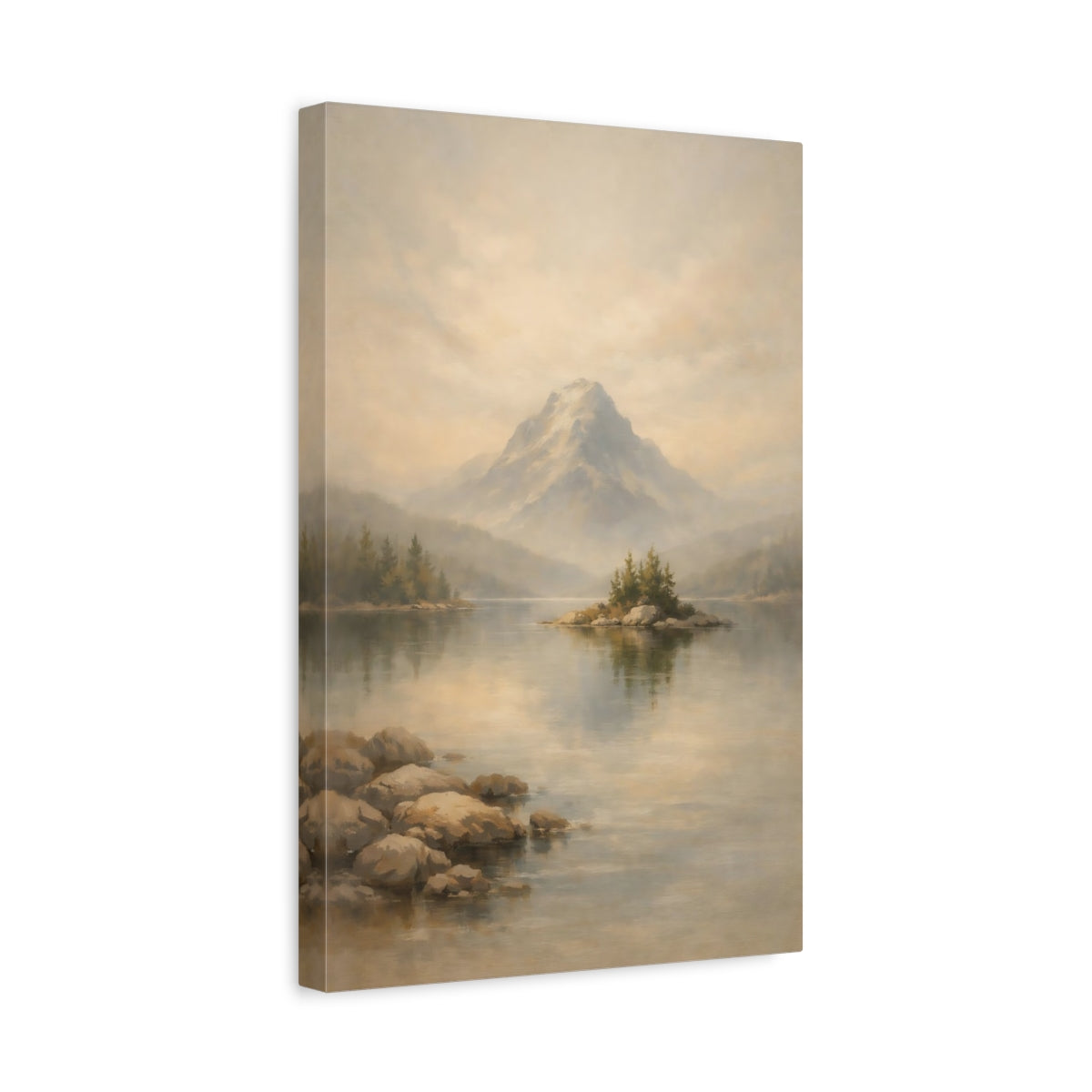 Side Mockup 4. Nature Lake Mountain Misty Mountain Lake shown as stretched canvas wall art