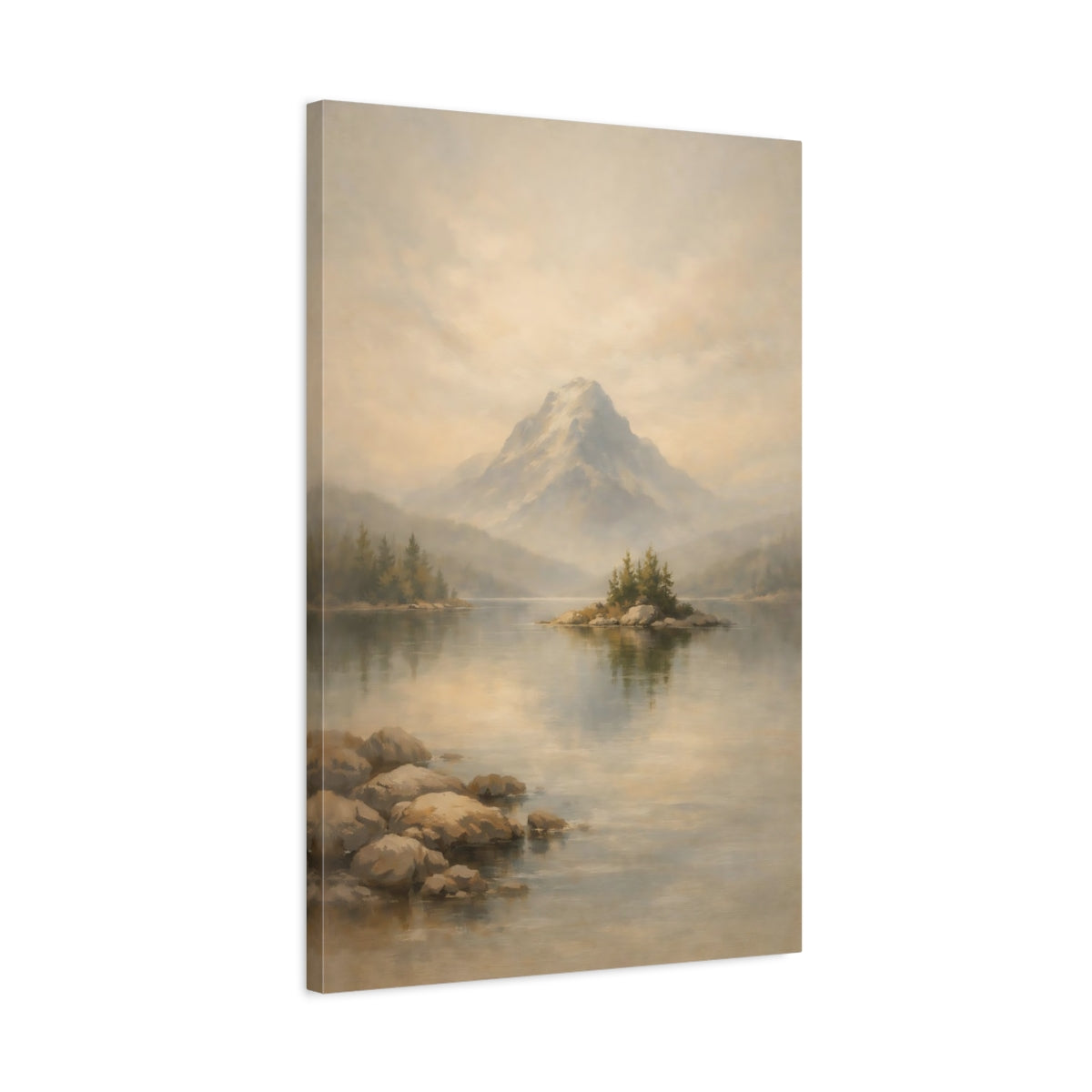 Side Mockup 2. Nature Lake Mountain Misty Mountain Lake shown as stretched canvas wall art