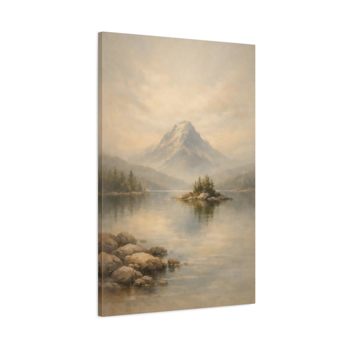 Side Mockup 1. Nature Lake Mountain Misty Mountain Lake shown as stretched canvas wall art