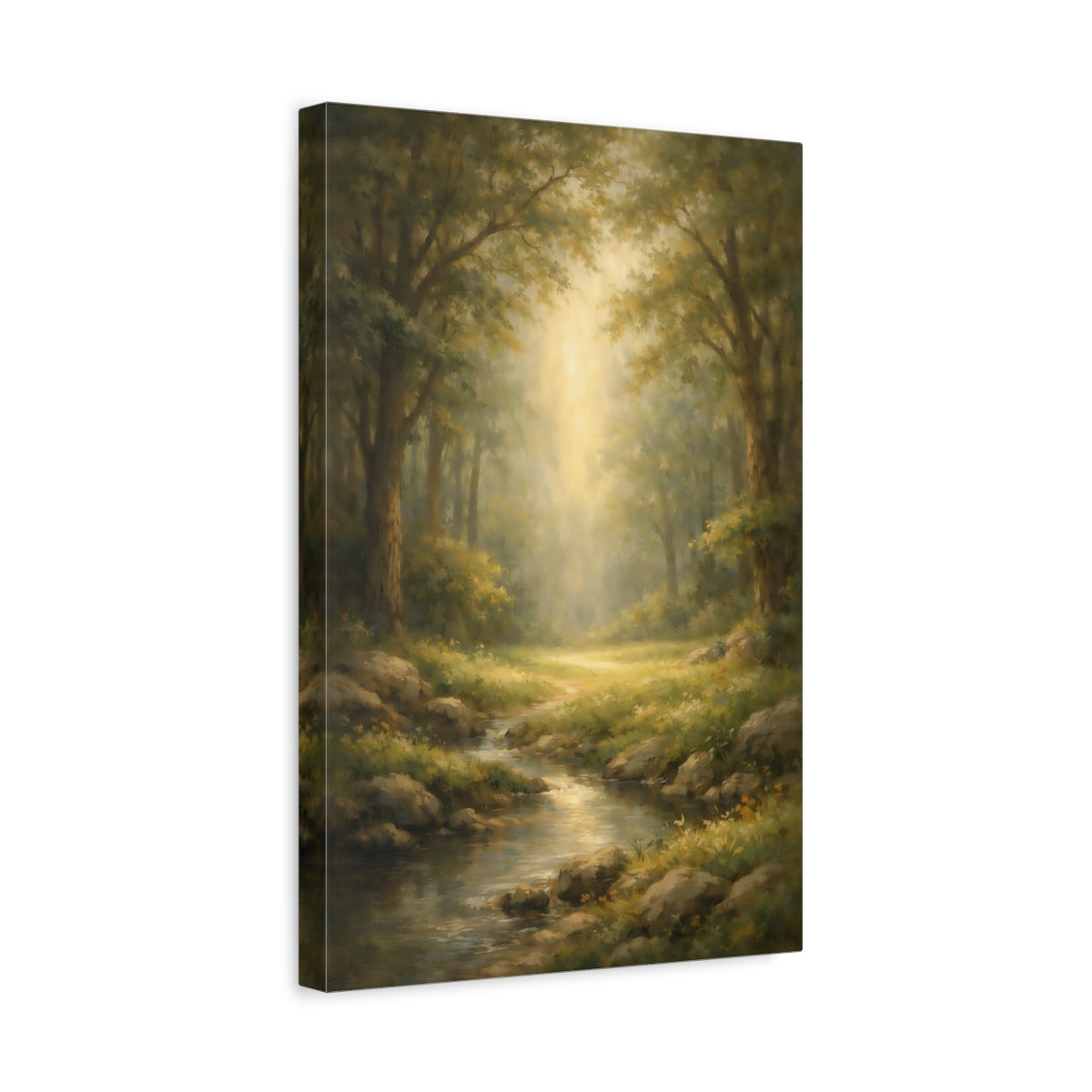 Side Mockup 4. Watercolor Forest Opening Light Scene shown as stretched canvas wall art