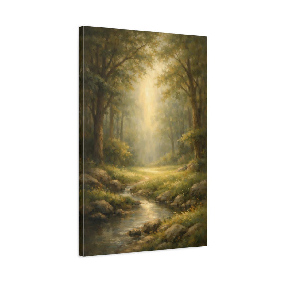 Side Mockup 2. Watercolor Forest Opening Light Scene shown as stretched canvas wall art