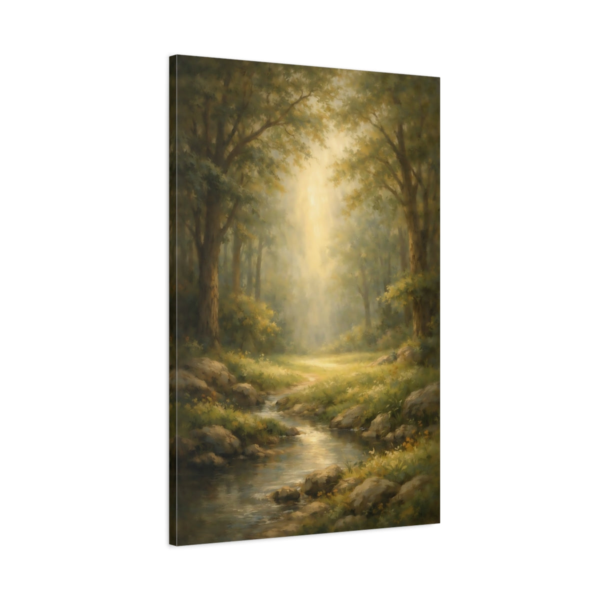 Side Mockup 1. Watercolor Forest Opening Light Scene shown as stretched canvas wall art