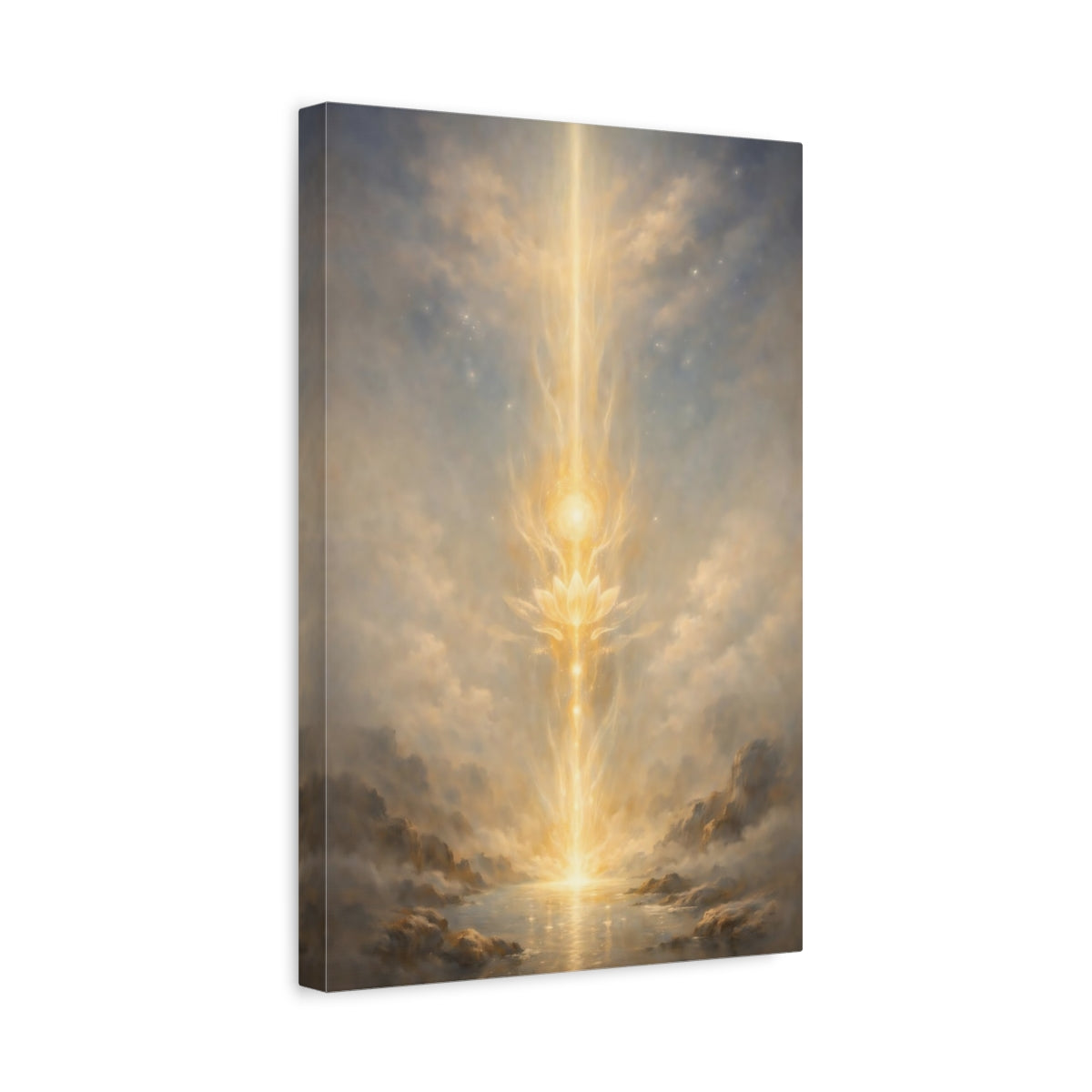 Side Mockup 4. Religious Lotus Golden Glow shown as stretched canvas wall art