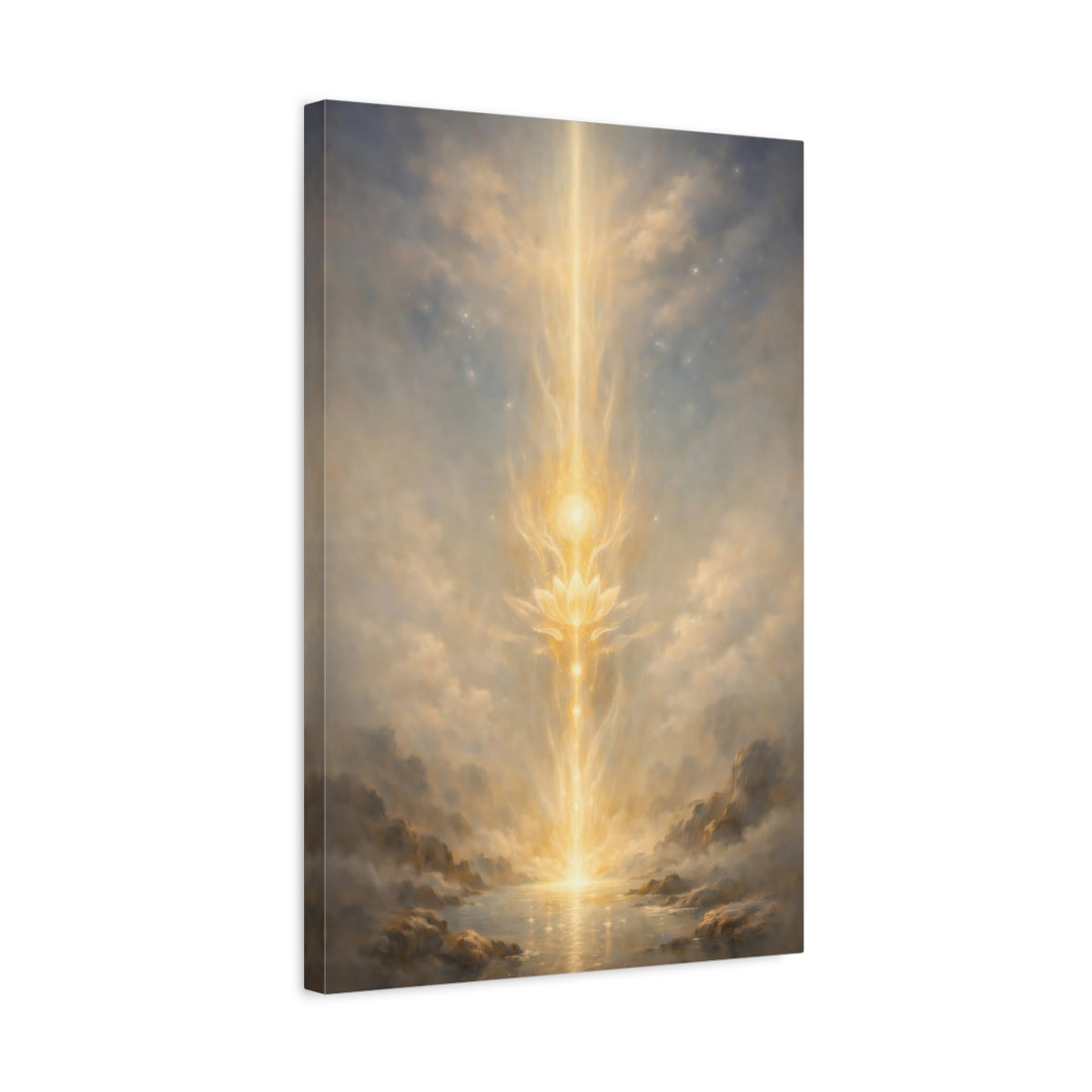 Side Mockup 3. Religious Lotus Golden Glow shown as stretched canvas wall art