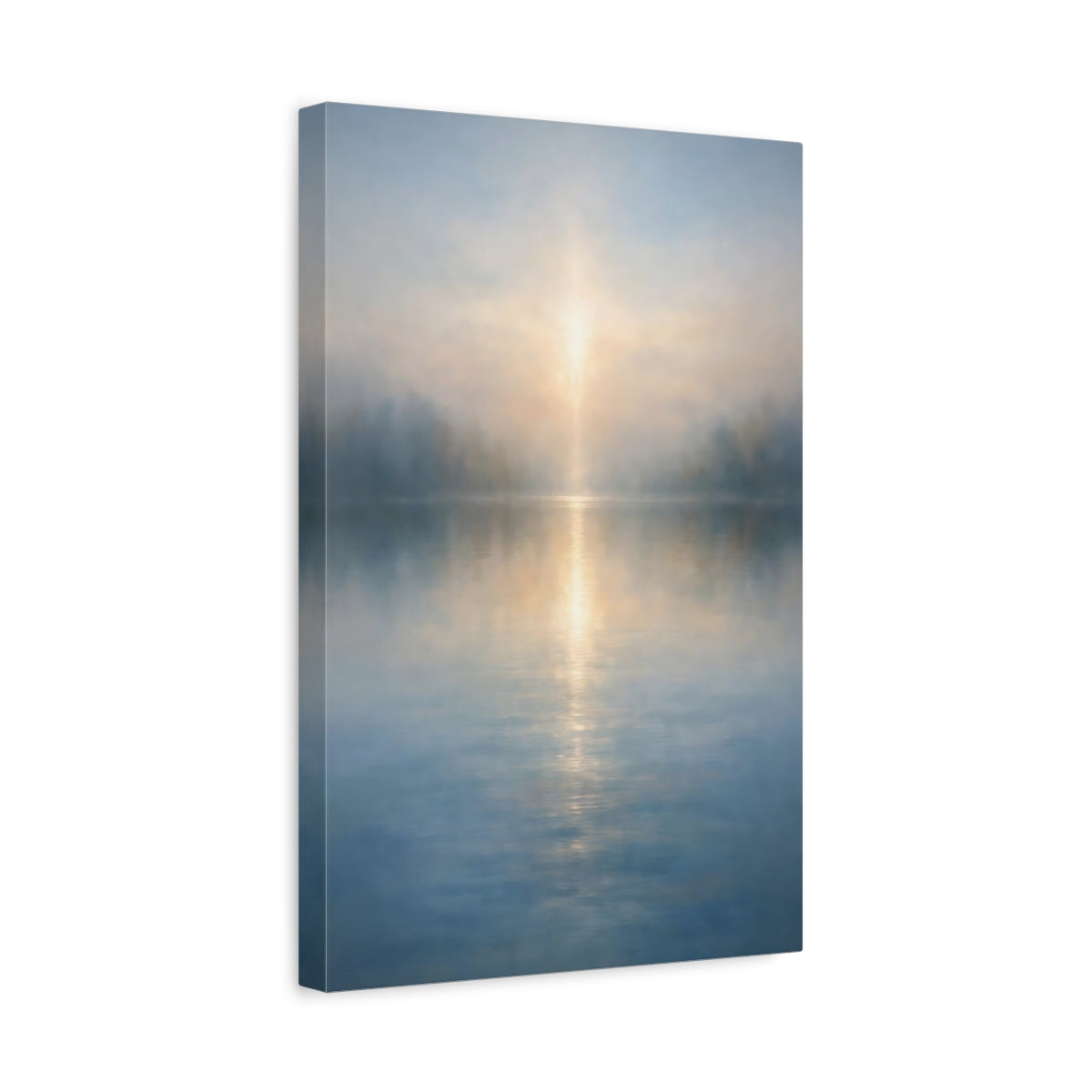 Side Mockup 4. Nature Misty Lake Misty Lake Sunrise shown as stretched canvas wall art