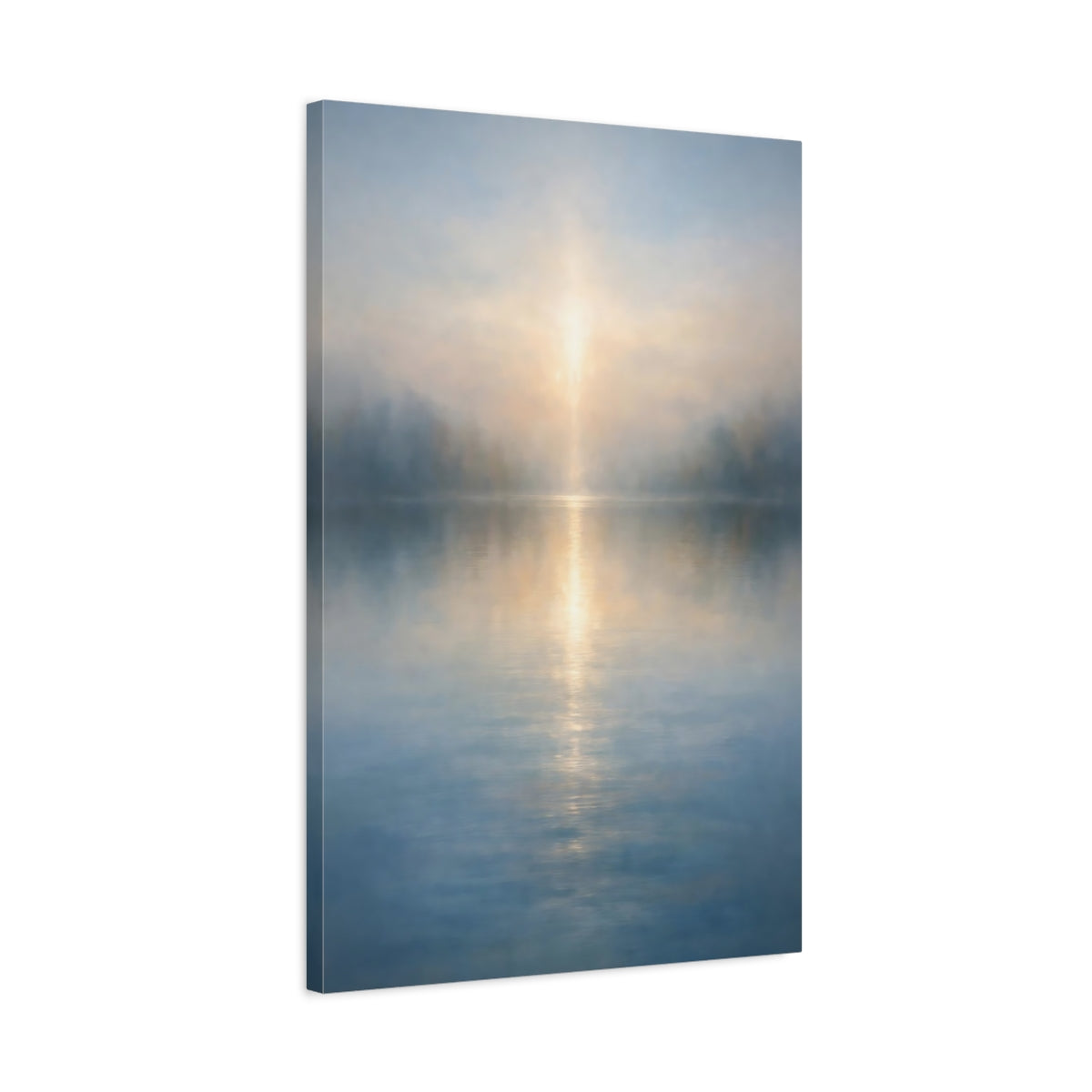 Side Mockup 2. Nature Misty Lake Misty Lake Sunrise shown as stretched canvas wall art