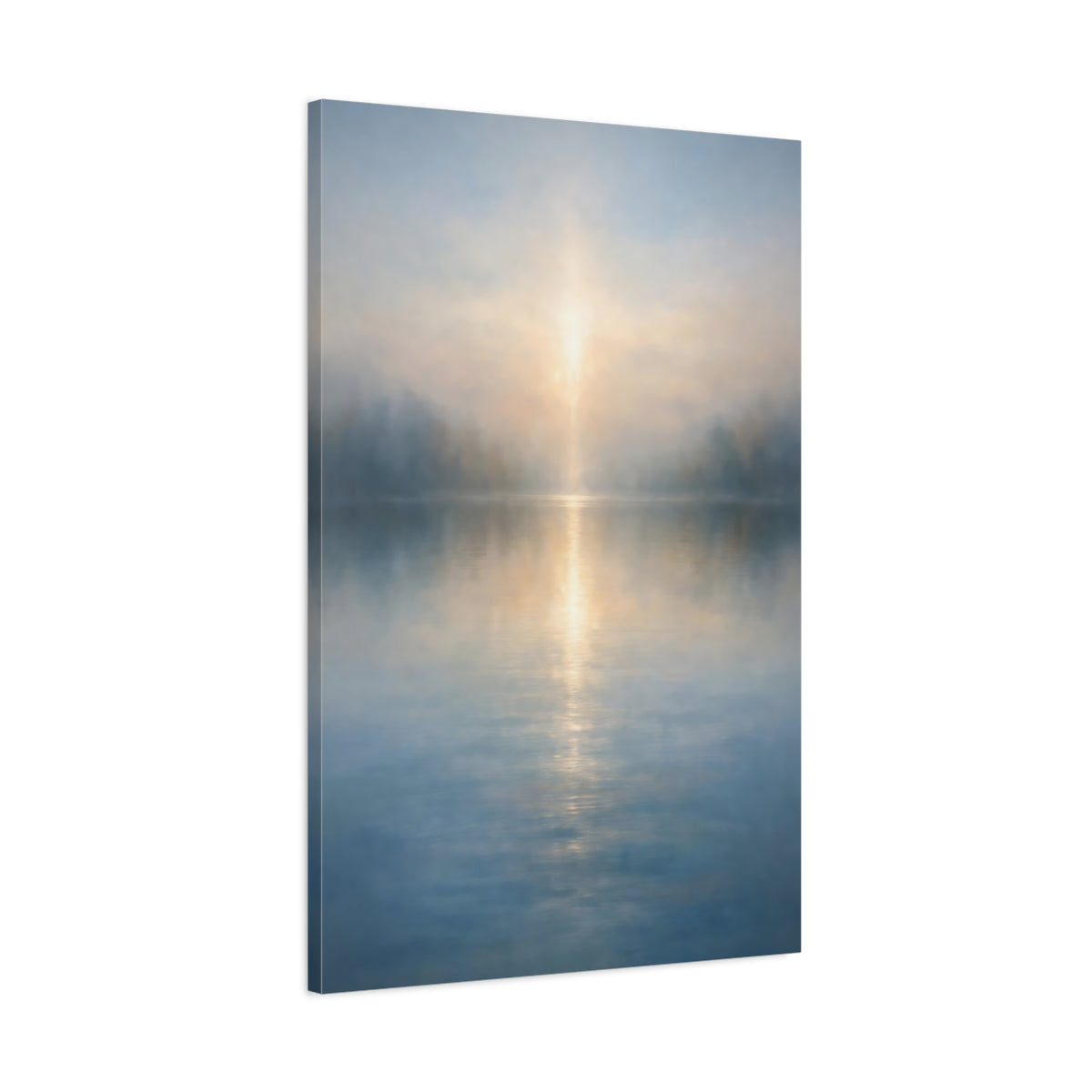 Side Mockup 1. Nature Misty Lake Misty Lake Sunrise shown as stretched canvas wall art