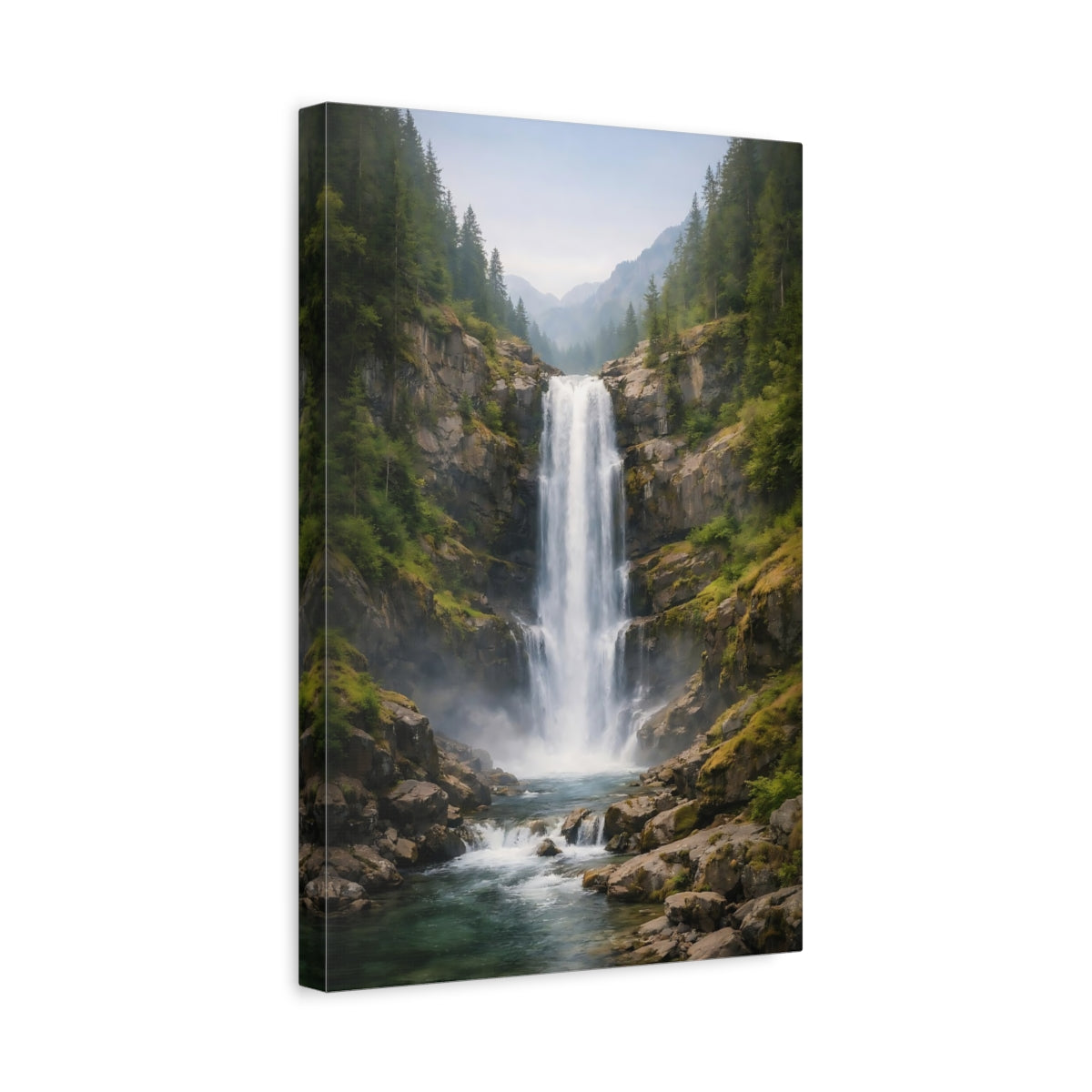 Side Mockup 4. Nature Waterfall Green Blue Waterfall shown as stretched canvas wall art