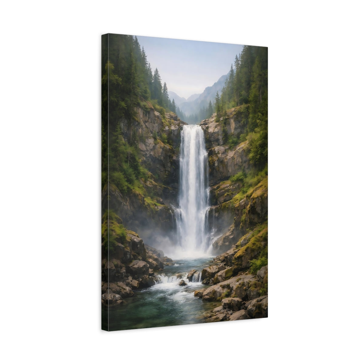 Side Mockup 3. Nature Waterfall Green Blue Waterfall shown as stretched canvas wall art