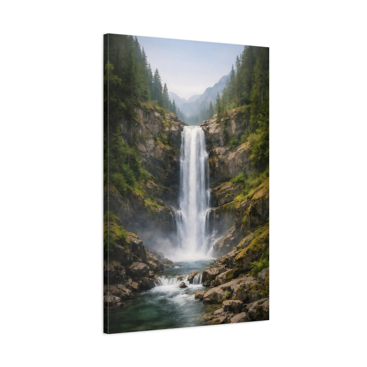 Side Mockup 1. Nature Waterfall Green Blue Waterfall shown as stretched canvas wall art