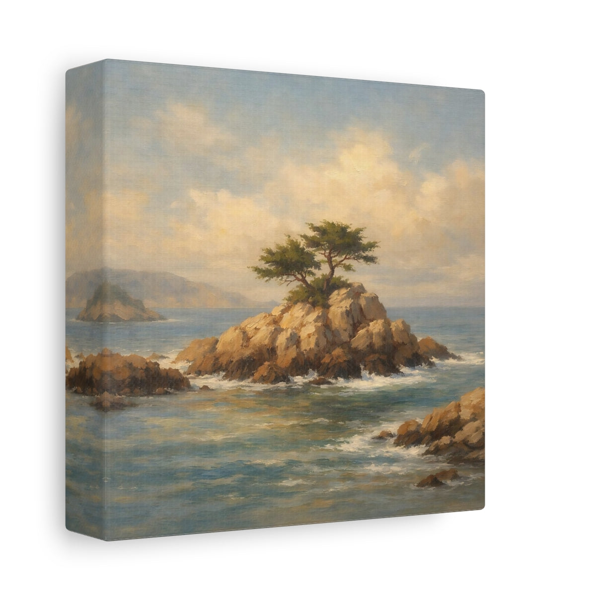 Side Mockup 1. Nature Rocky Islet Coastal Landscape Blue shown as stretched canvas wall art