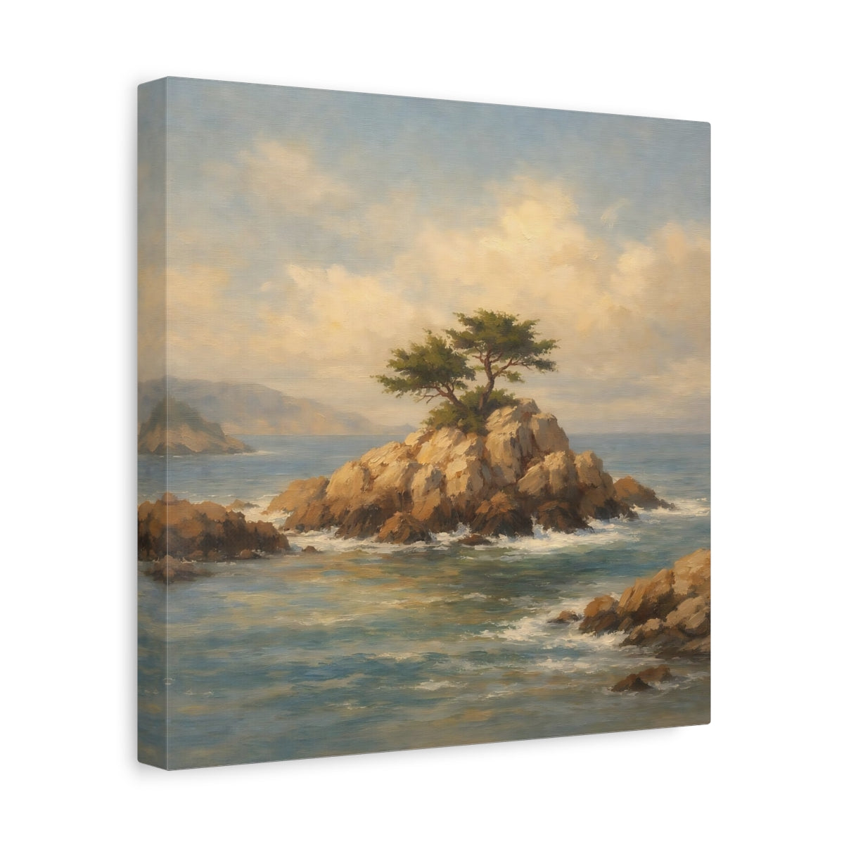 Side Mockup 8. Nature Rocky Islet Coastal Landscape Blue shown as stretched canvas wall art