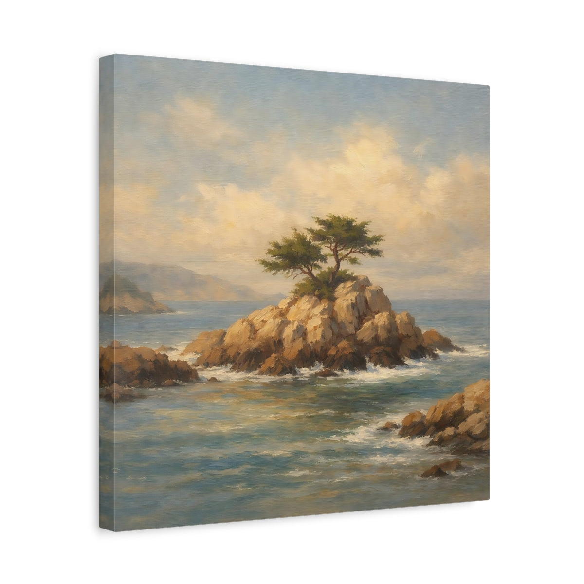 Side Mockup 6. Nature Rocky Islet Coastal Landscape Blue shown as stretched canvas wall art