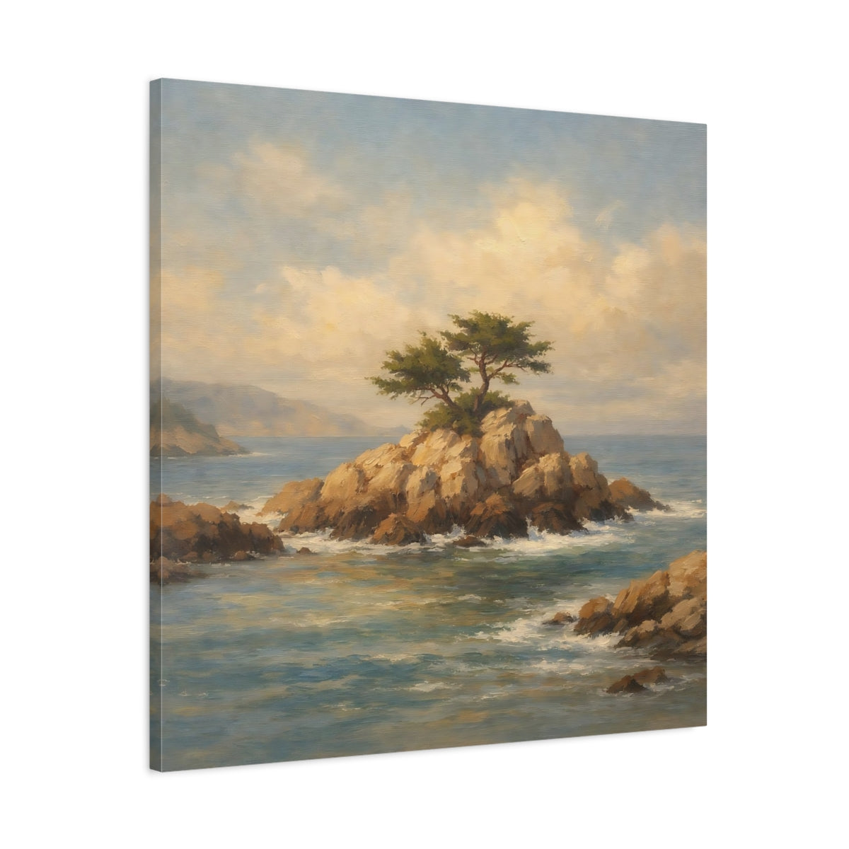 Side Mockup 3. Nature Rocky Islet Coastal Landscape Blue shown as stretched canvas wall art