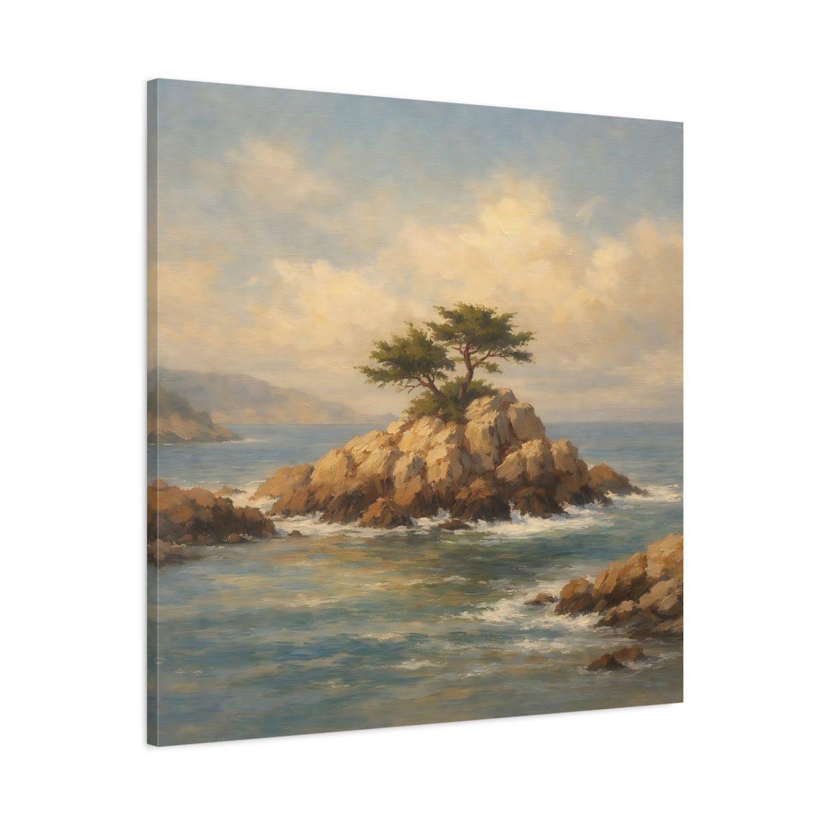 Side Mockup 2. Nature Rocky Islet Coastal Landscape Blue shown as stretched canvas wall art