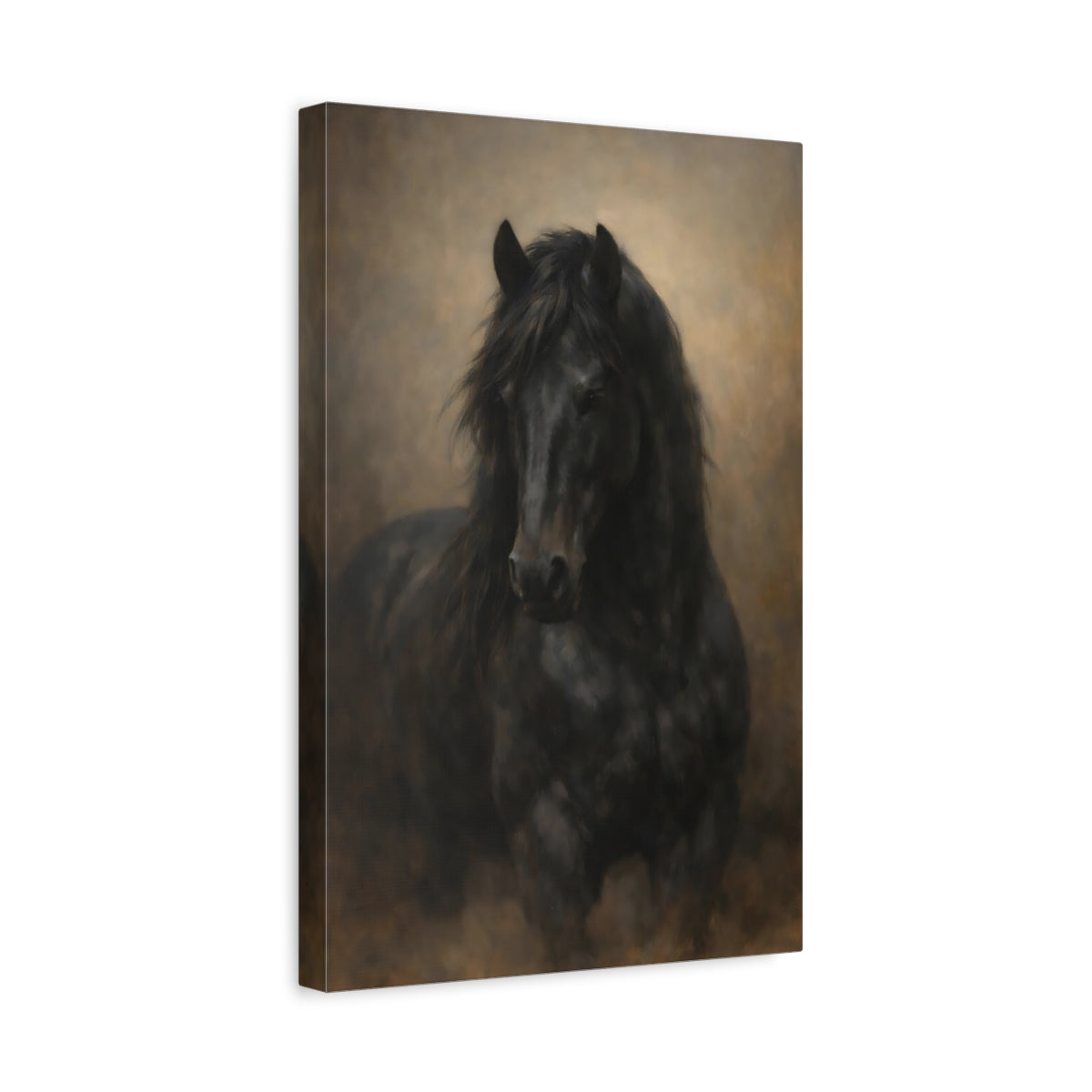 Side Mockup 4. Animals Black Horse Dark Horse shown as stretched canvas wall art