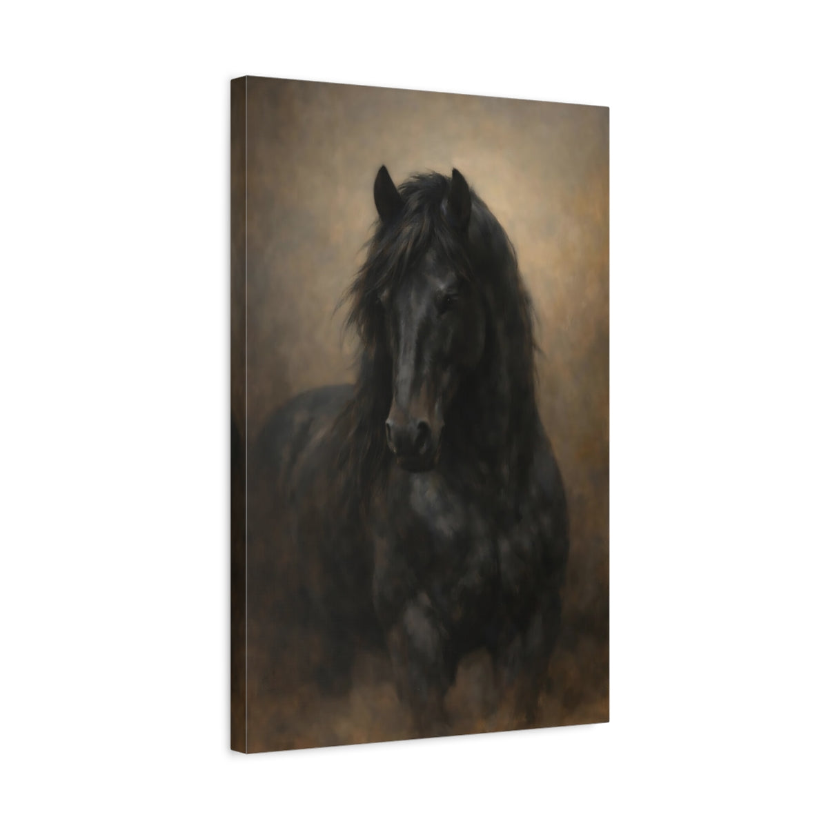 Side Mockup 3. Animals Black Horse Dark Horse shown as stretched canvas wall art