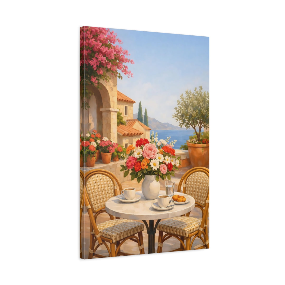 Side Mockup 2. Floral Floral Bouquet Vibrant Floral Terrace shown as stretched canvas wall art