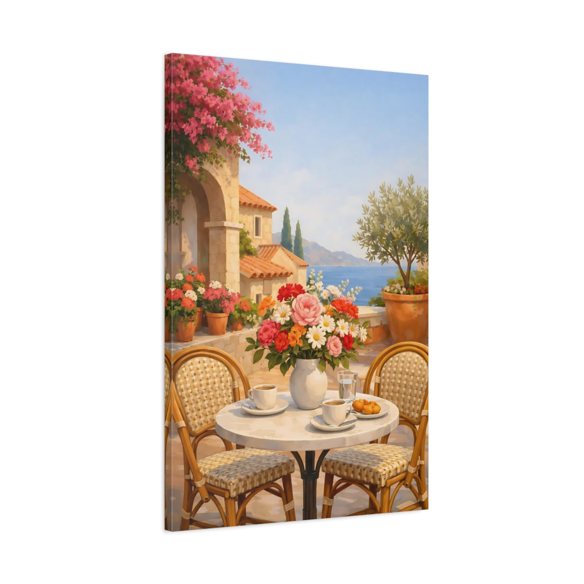 Side Mockup 1. Floral Floral Bouquet Vibrant Floral Terrace shown as stretched canvas wall art