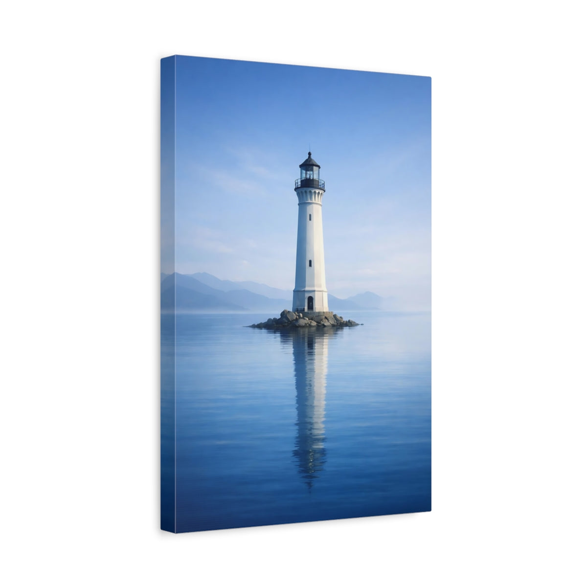 Side Mockup 4. Nature Lighthouse Blue And White Lighthouse shown as stretched canvas wall art